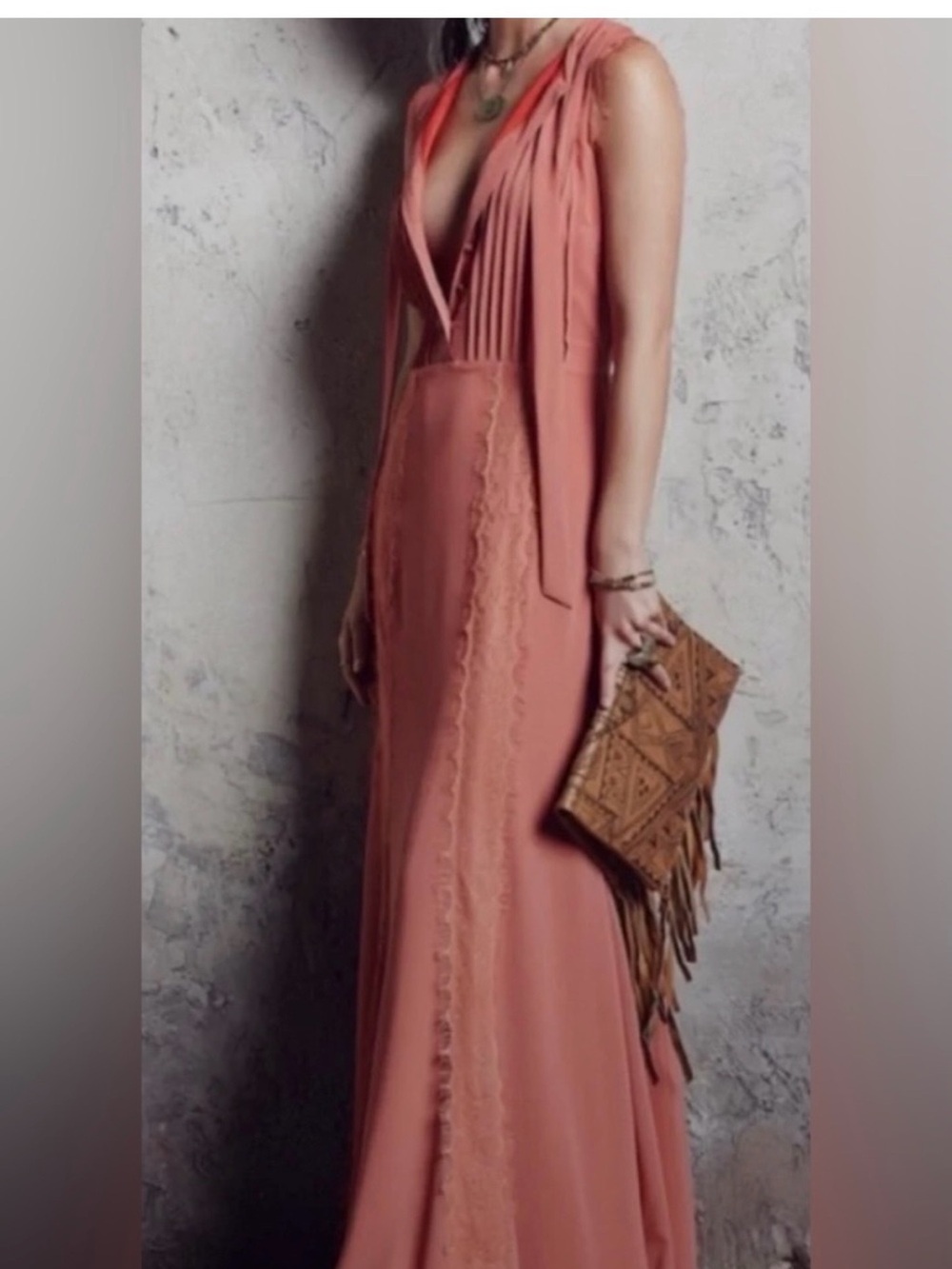 Tularosa Coral-Peach Lace Trim Maxi Dress